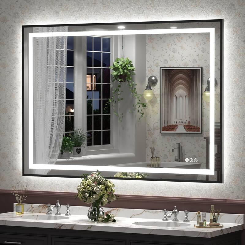 Black Metal Framed LED Front Light and Backlit Anti-Fog Wall Bathroom/ Vanity Mirror - 51" x 36"-Square Corner - Black