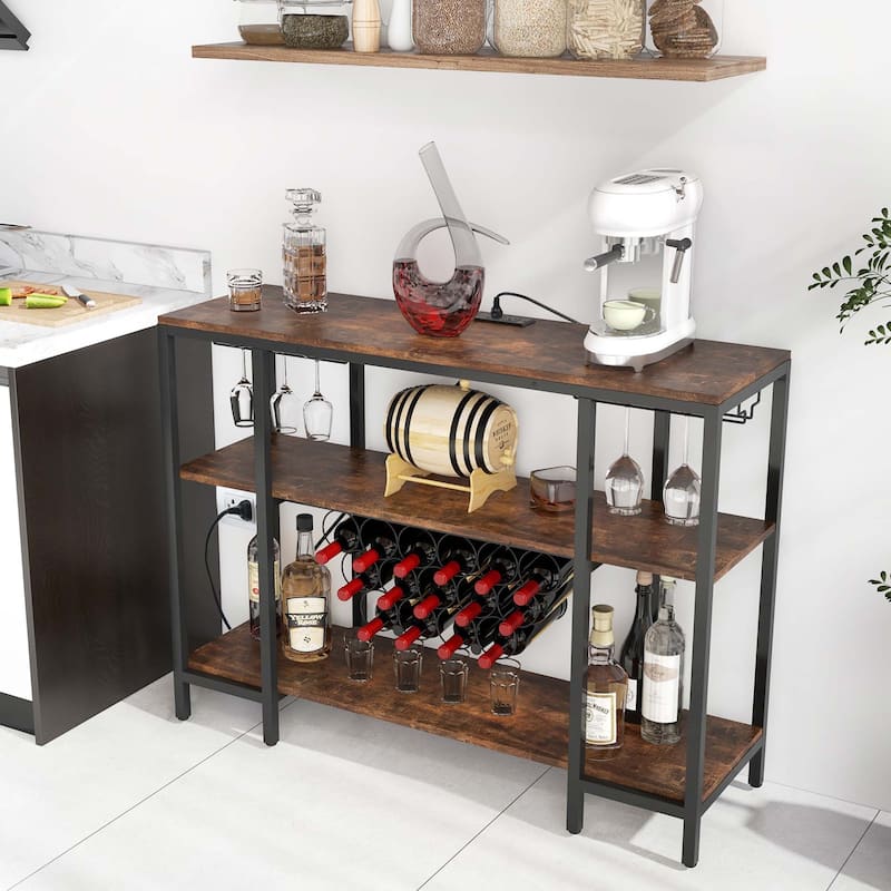 Wine Cabinet Bar Table Rack Table for Drinks Glasses w/ Power Outlets