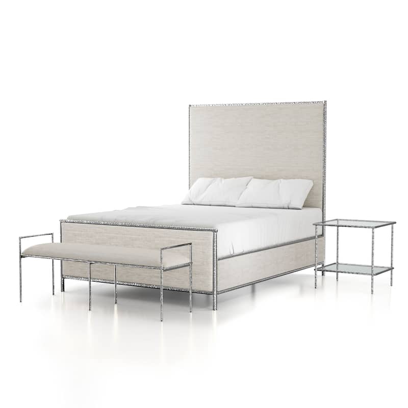Furniture of America Zayen Modern 3-Piece Upholstered Queen Size Hammered Metal Platform Bedroom Set with Nightstand and Bench - Silver