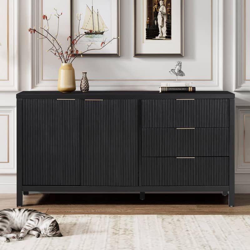 60" Modern 2-Door Sideboard Cabinet with Functional Storage Drawers for Entryway Living Room or Hallway - Black