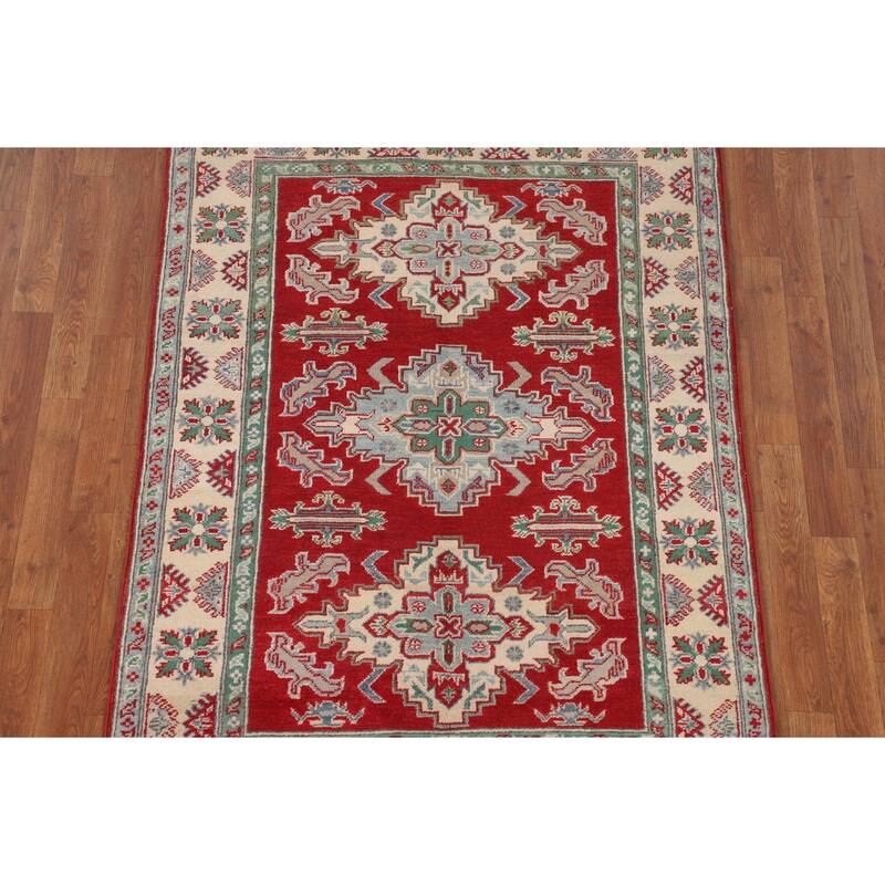 Red Geometric Kazak Rug Handmade Wool Carpet - 3'11" x 5'7"
