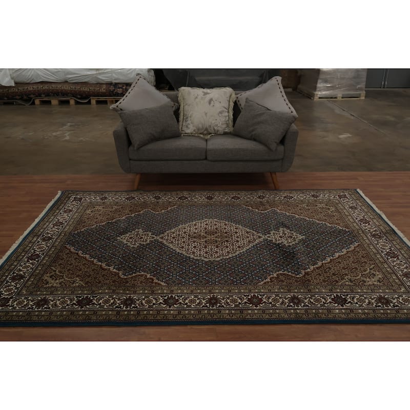 Hand Knotted Oriental 100% Wool Carpet Traditional Floral Navy Blue & Blues Tabriz Area Rug - 9' 4'' X 6' 0''