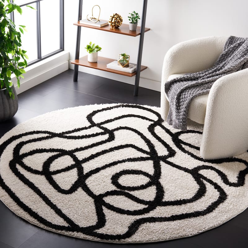 SAFAVIEH Norway Shag Judie Mid-Century Modern 1.2-inch Thick Rug - 5'3" Round - Ivory/Black