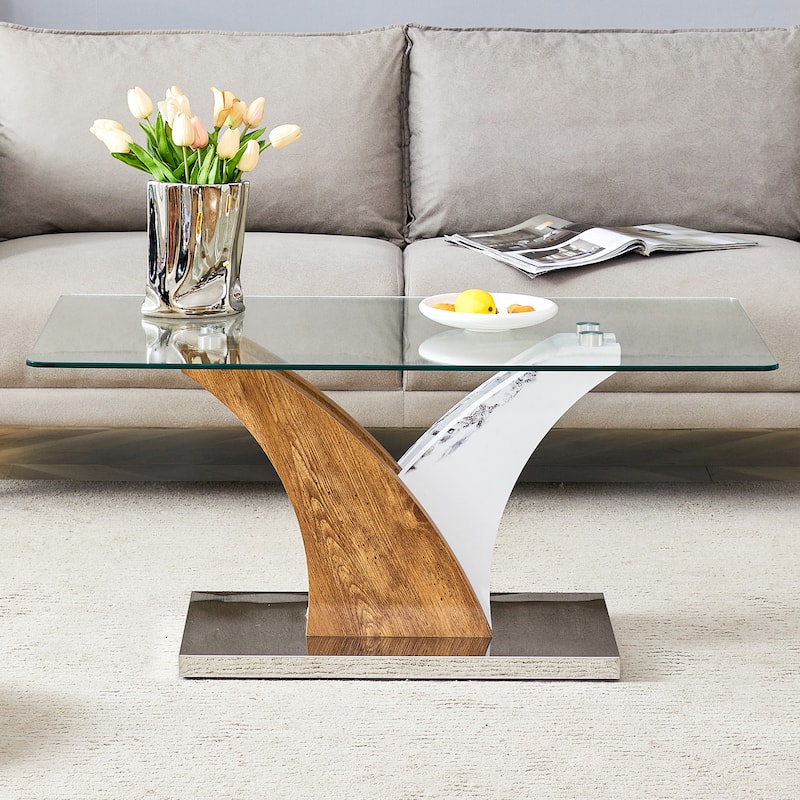 39.4" Modern Rectangular Coffee Table with Tempered Glass Countertop and Artistic MDF Legs