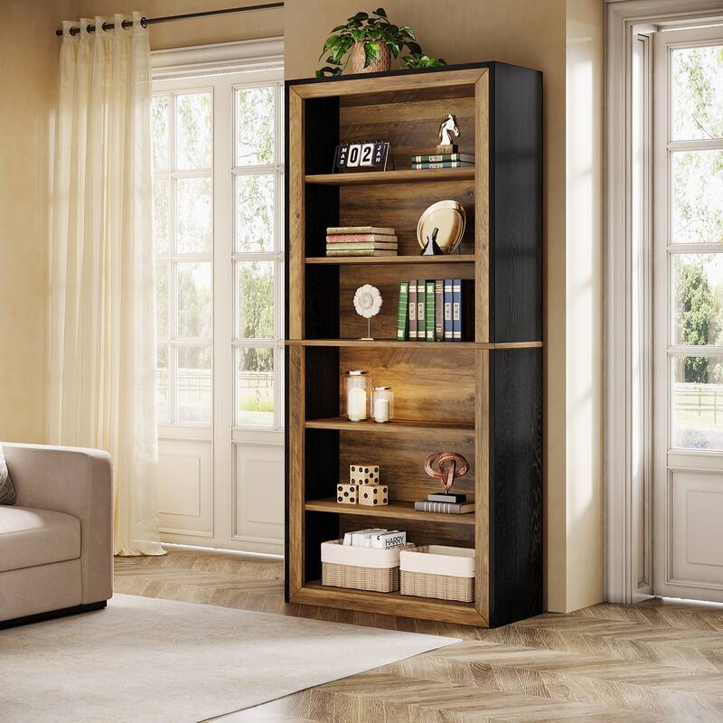 74.4'' Tall Bookcase with Storage Shelves, 6-Tier Wood Bookshelf (Set of 2)