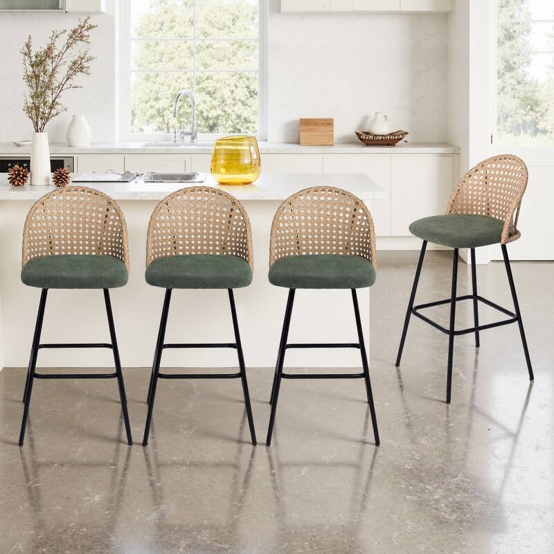 Coastal Rattan Back Counter Height Upholstered Bar Stools