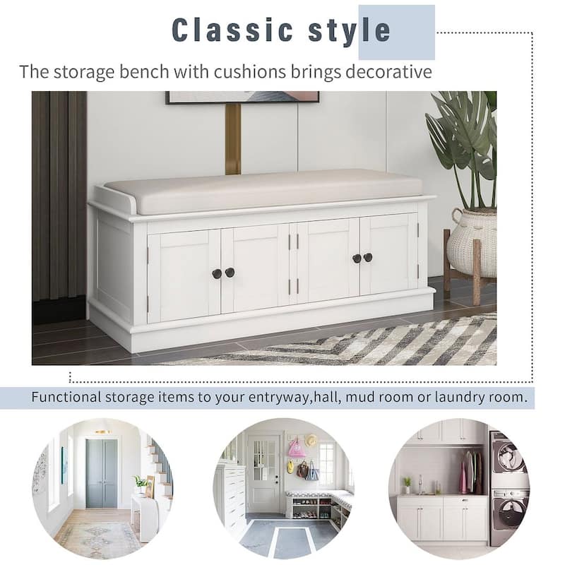 42.70" Modern Versatile Entry Upholstered Storage Bench with 4 Doors, Adjustable Shelves and Shoe Racks