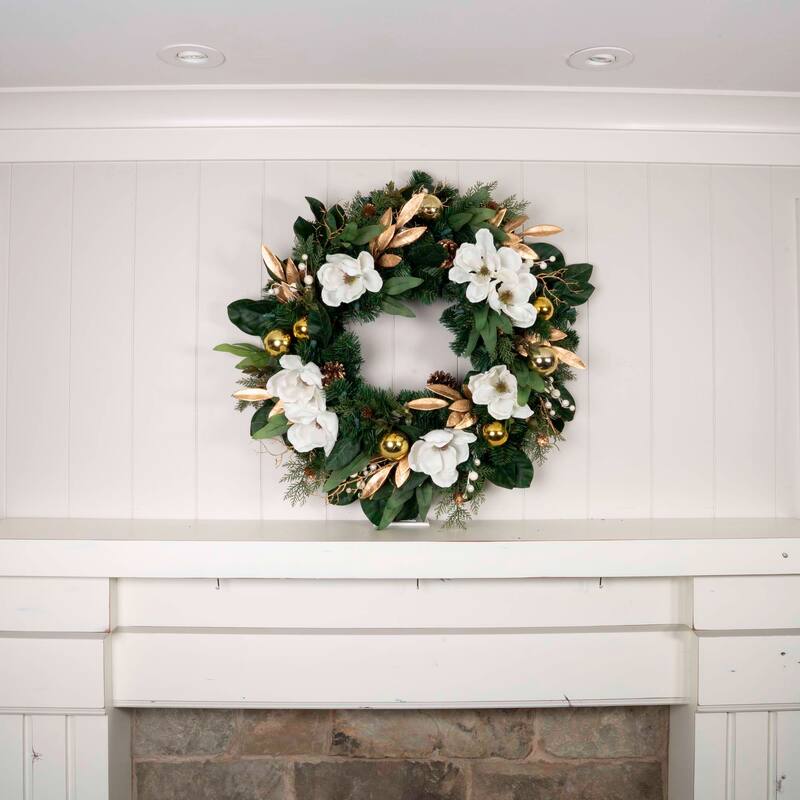 30 in. Lighted Christmas Wreath - White Gold Magnolia - 30 Inch