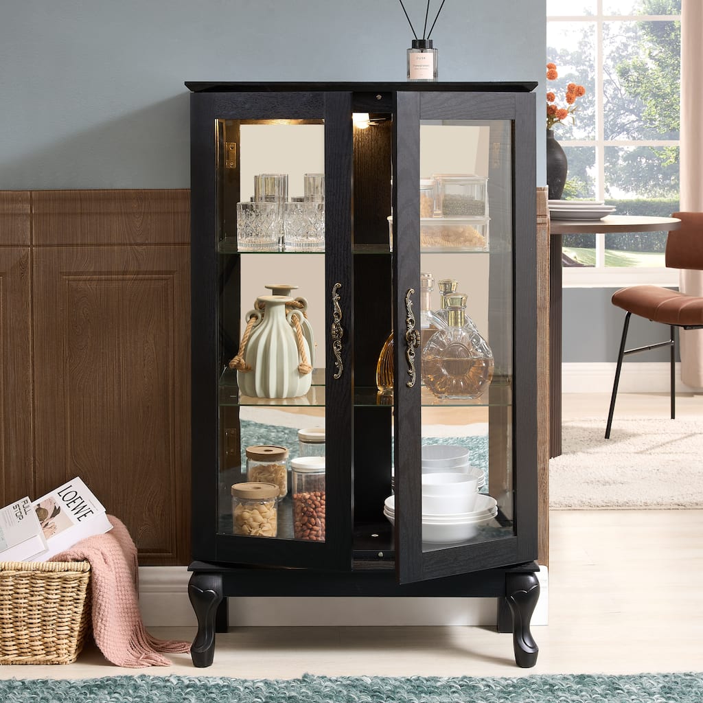 Curio Cabinet with Tempered Glass Doors, Lighted Display Cabinet with Mirrored Back Panel & Adjustable Shelves