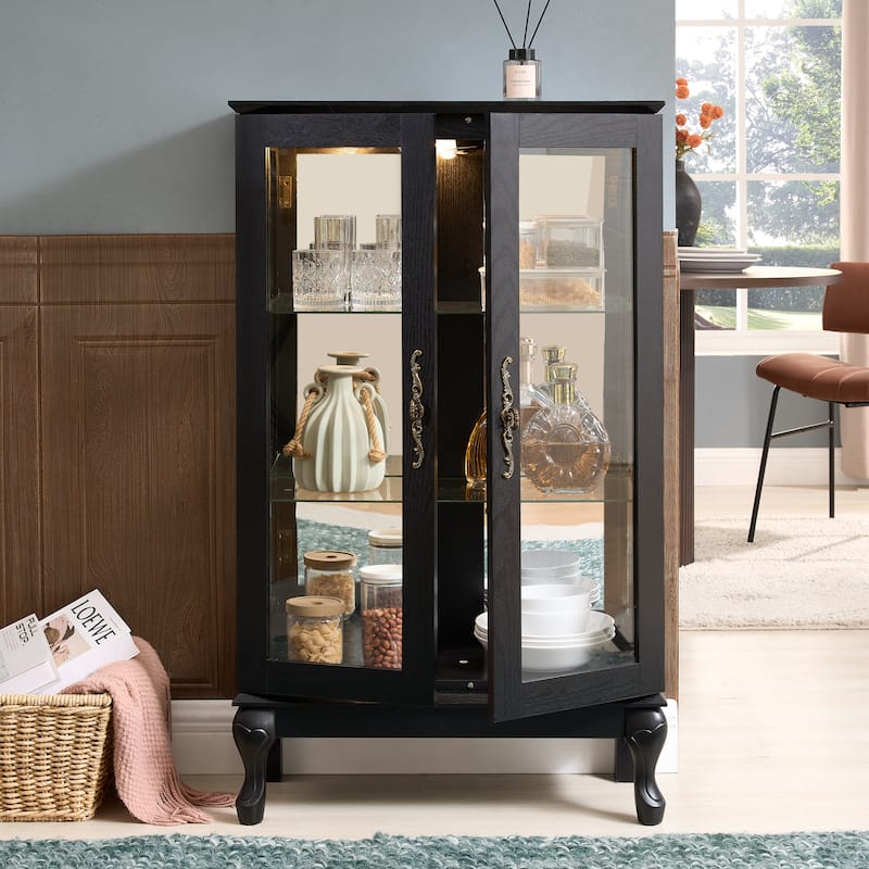 Lighted Display Cabinet with 2 Tempered Glass Doors and Adjustable Shelves - Black