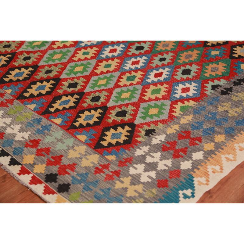 Geometric Multi-Color Kilim Oriental Large Rug Flatweave Wool Carpet - 10'0"x 16'1"