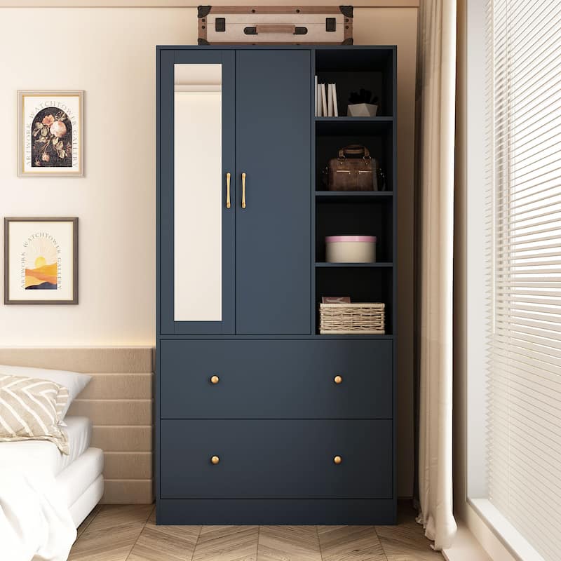 Wardrobe Closet Armoire wi/Mirror & Scalable Hanging Rod Space Saving