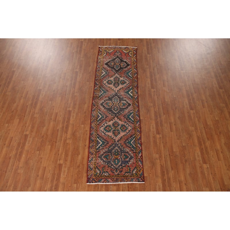 Vegetable Dye Hamedan Persian Vintage Runner Rug Geometric Wool Carpet - 2'11"x 10'1"