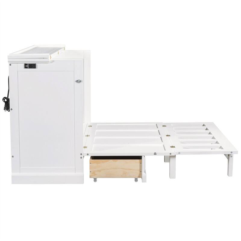 Solid Pine Murphy Bed Chest Cube Cabinet Bed with Charging Station and Large Storage Drawer, Full/Queen Size Murphy Bed Cabinet