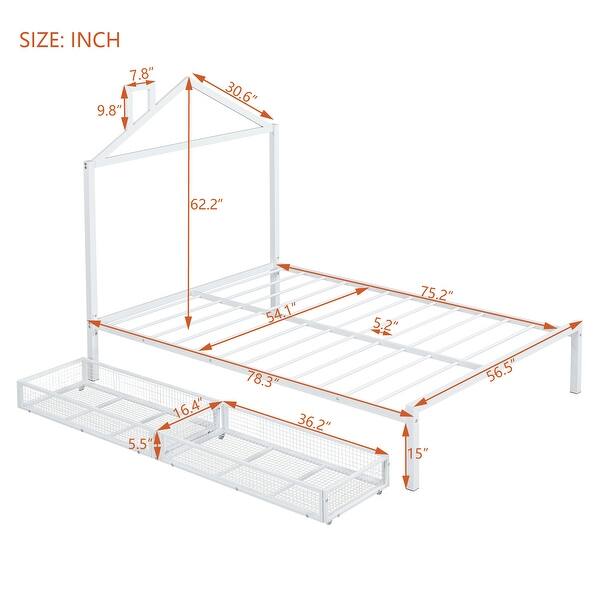 dimension image slide 1 of 6, Metal Platform Bed with 2 Drawers, Bedroom Kids Bed Frame with House-Shaped Headboard Design and Support Slats, Easy Assembly