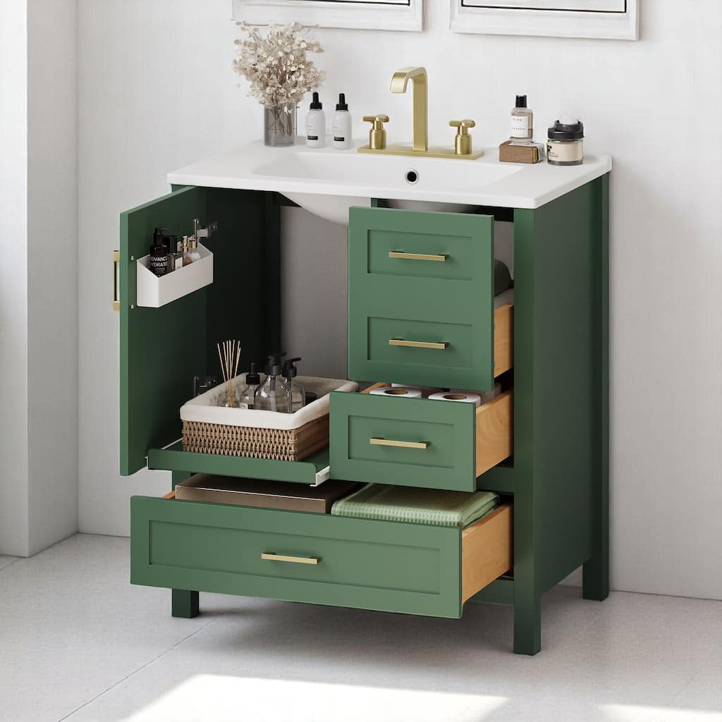 30" Green Bathroom Vanity with Ceramic Sink, Soft Close Door, 3 Drawers, Removable Tray & Solid Wood Frame