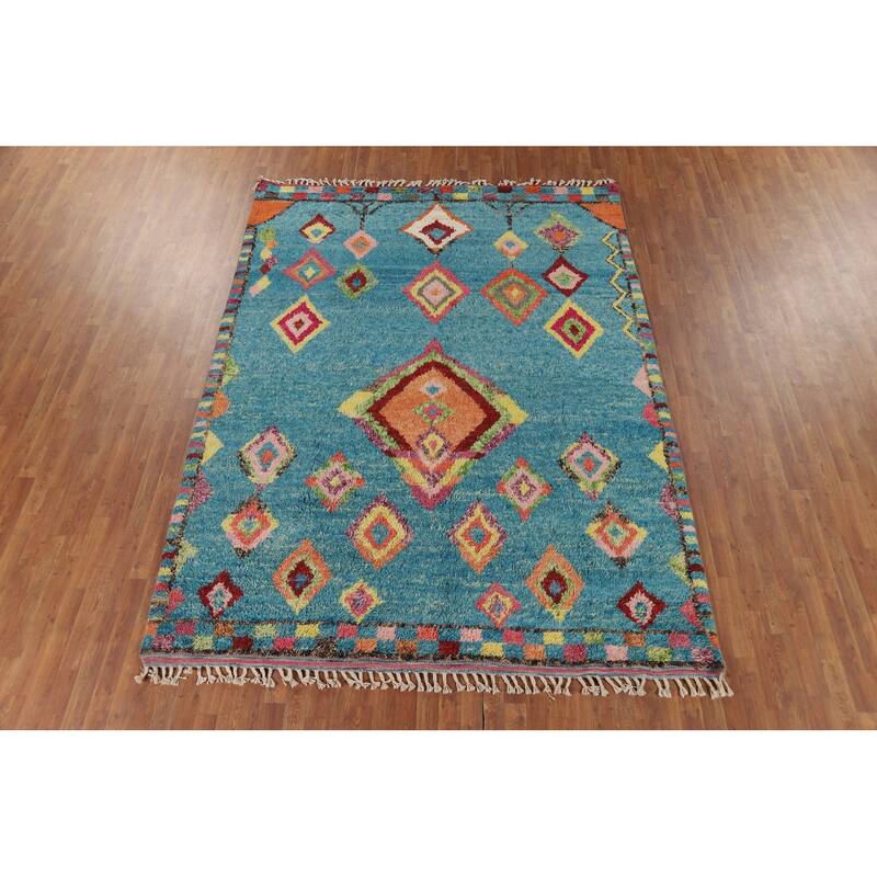 Light Blue Plush Moroccan Oriental Area Rug Handmade Wool Carpet - 7'8" x 10'5"