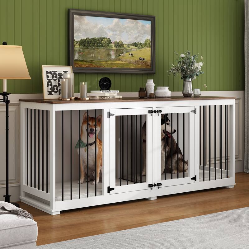 Double door large Dog Cage furniture with Removable Divider Wooden Top