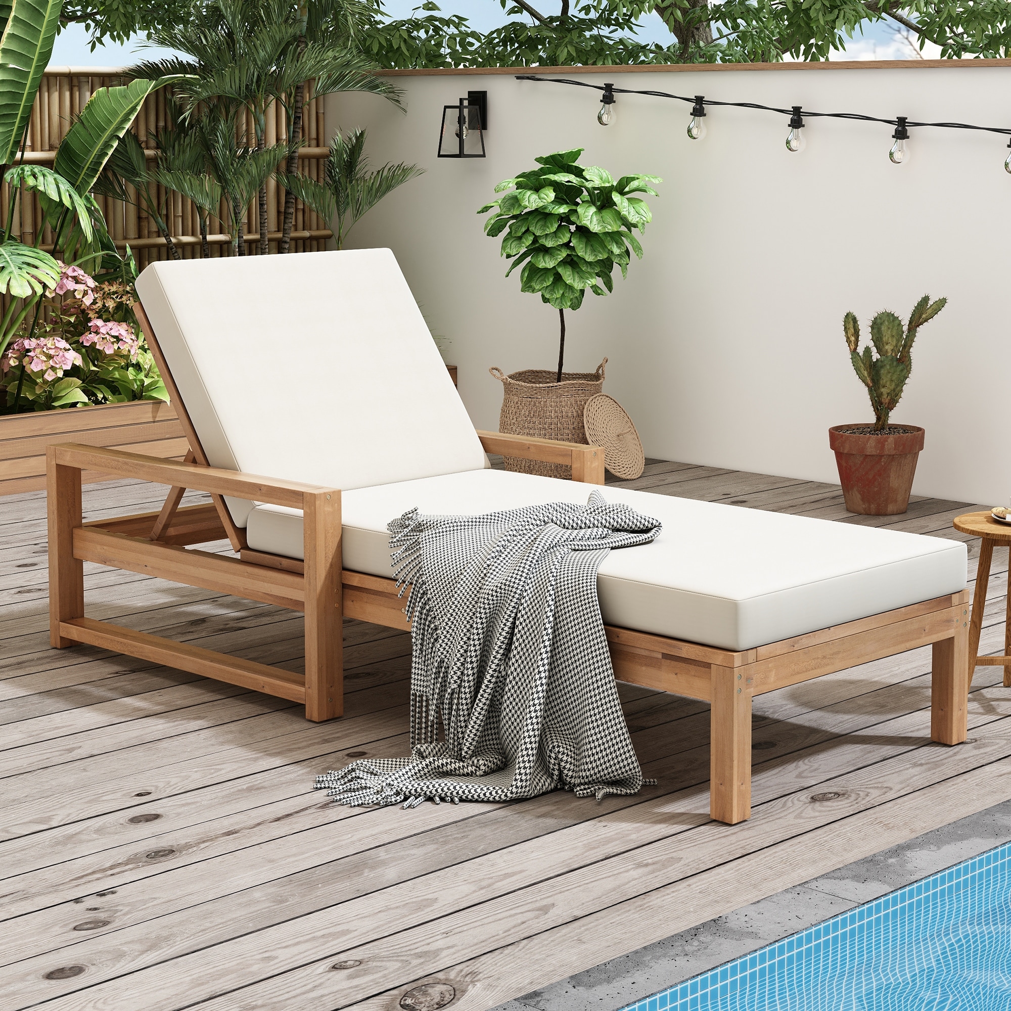 Outdoor Lounge Chairs, 5-Position Patio Chaise Lounge with Cushion & Adjustable Backrest, Pool Lounge Chairs