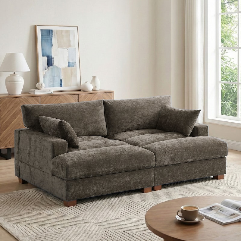 Mid-Century Chenille Adjustable Headrest Chaise Lounge Sofa - Camel - Symmetrical