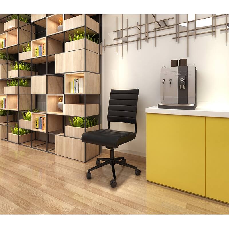 Executive Mid back PU Leather Office Chair Armless Side No Arms Tilt With Wheels and Padded Cushioned Seat on Black Base