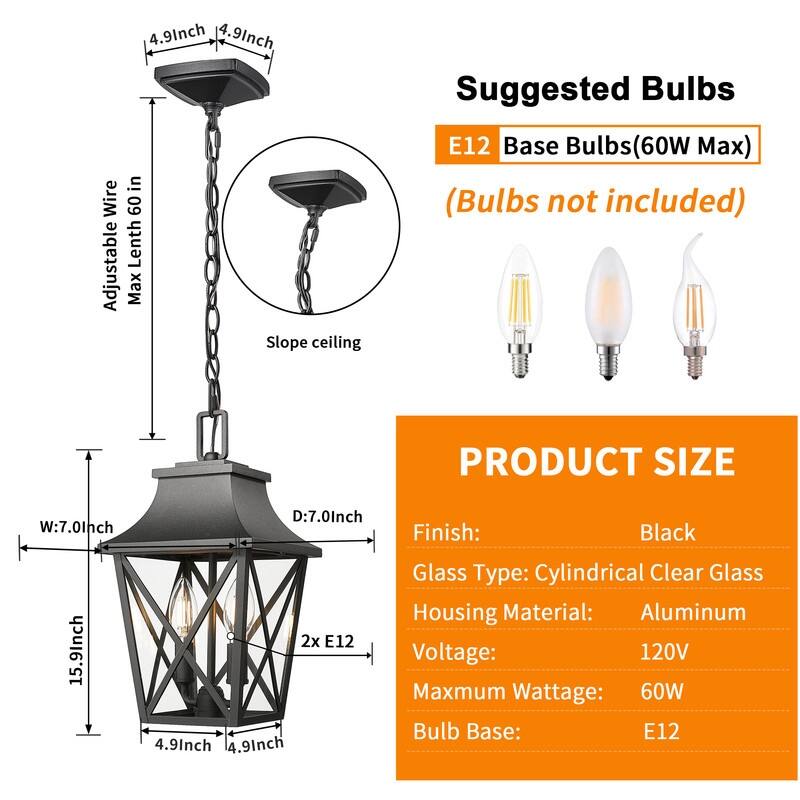 Black Farmhouse Outdoor Pendant Light - Modern Rectangular Porch Lantern with Clear Glass (1-Pack)