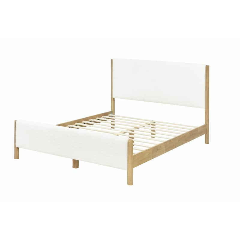 Modern White Bouclé Upholstered Bed with Rubberwood Legs