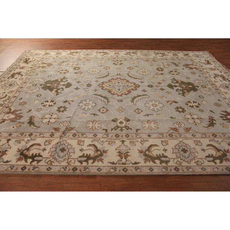 Earth Tone Oushak Indian Area Rug Hand-Knotted Floral Wool Carpet - 9'0"x 11'10"