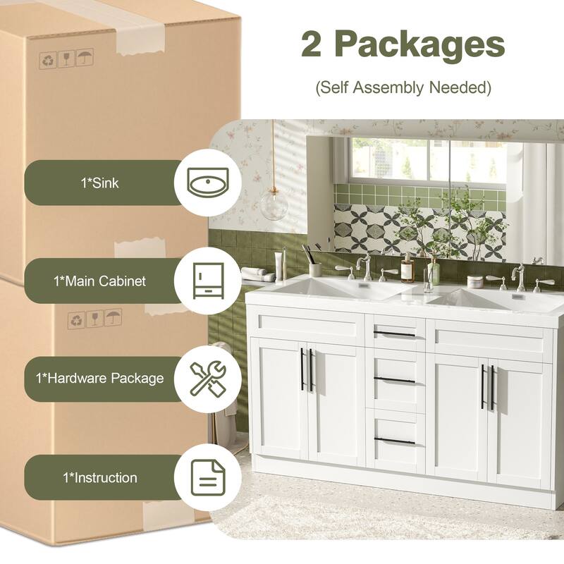 59" Double Sink Bathroom Vanity with SMC Top, Solid Wood Frame & Soft Close Doors, Gray Storage Cabinet