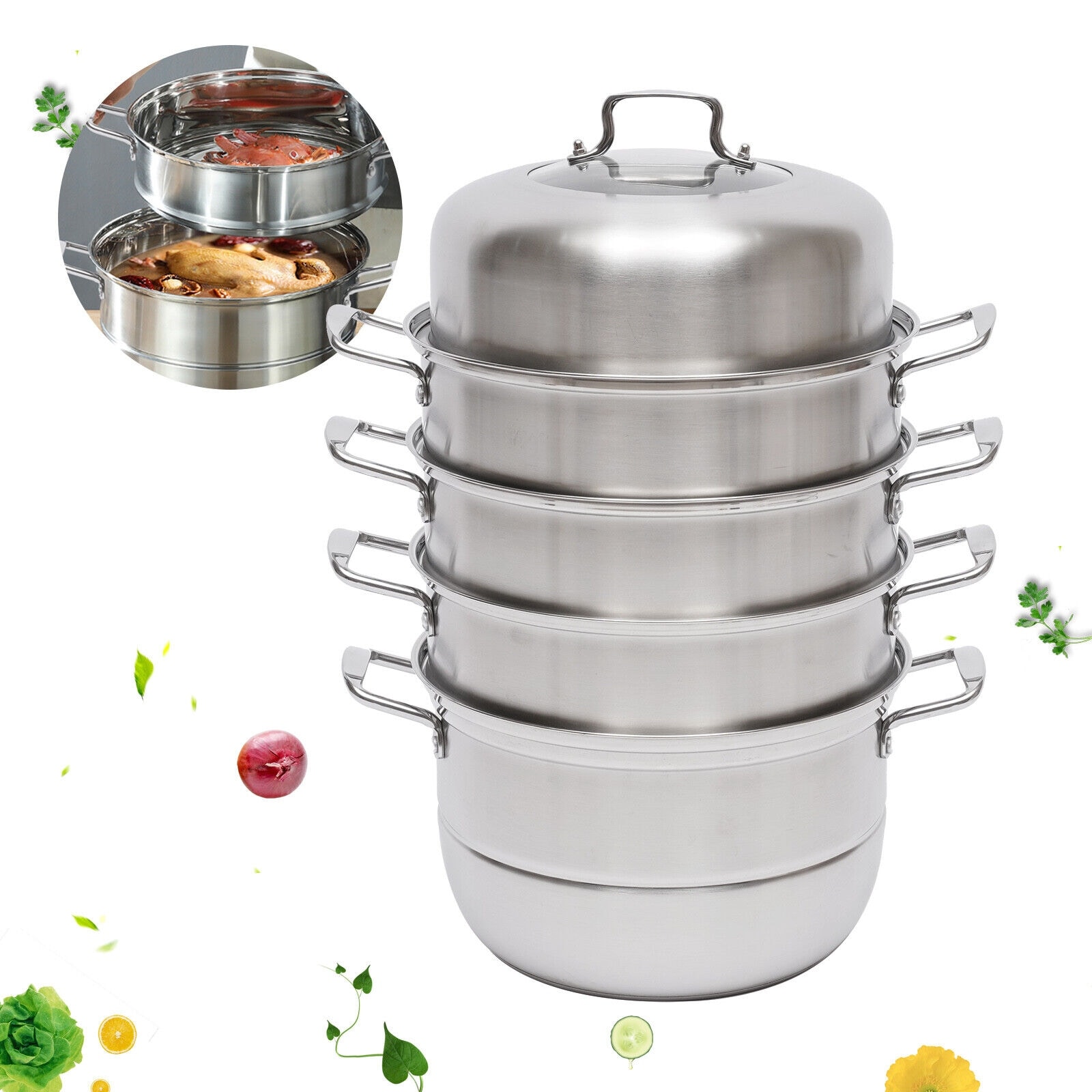Costway 2-Tier Steamer Pot 304 Stainless Steel Steaming Cookware w/ Glass  Lid