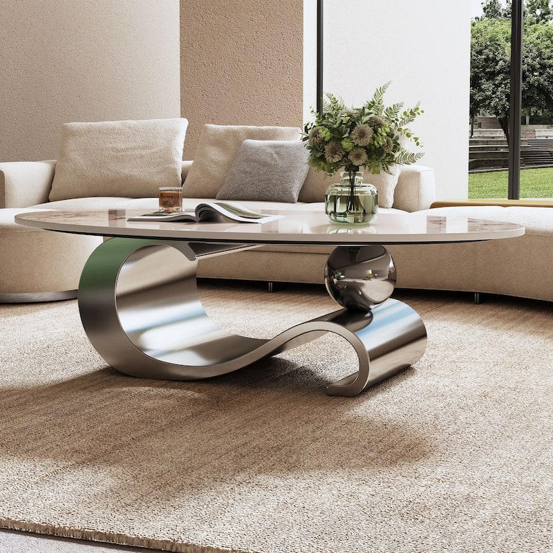 49.2" Faux Marble Oval Coffee Table, Contemporary Stainless Steel Base, Modern Center Table For Living Room