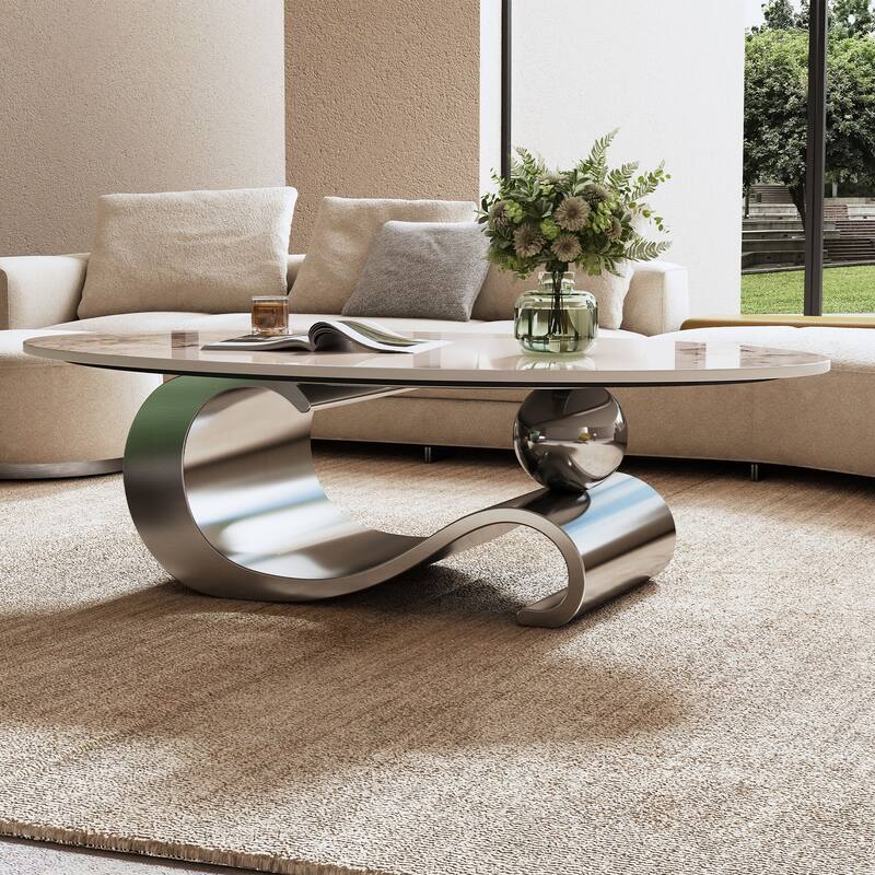 Modern Oval Coffee Table Industrial-Style Center Table with Sintered Stone Top and Base, for Living Room