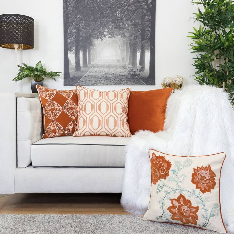 Geometric Embroidered Cotton Throw Pillow - Rust Modern Accent