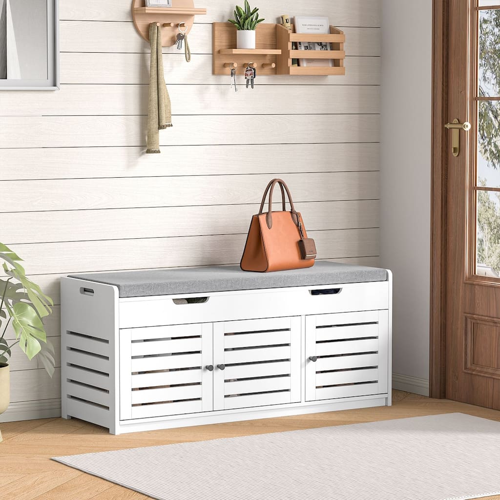 Anmytek 2-Tier Shoe Storage Bench with Cushioned Seat, Lift Top & Adjustable Shelf - White