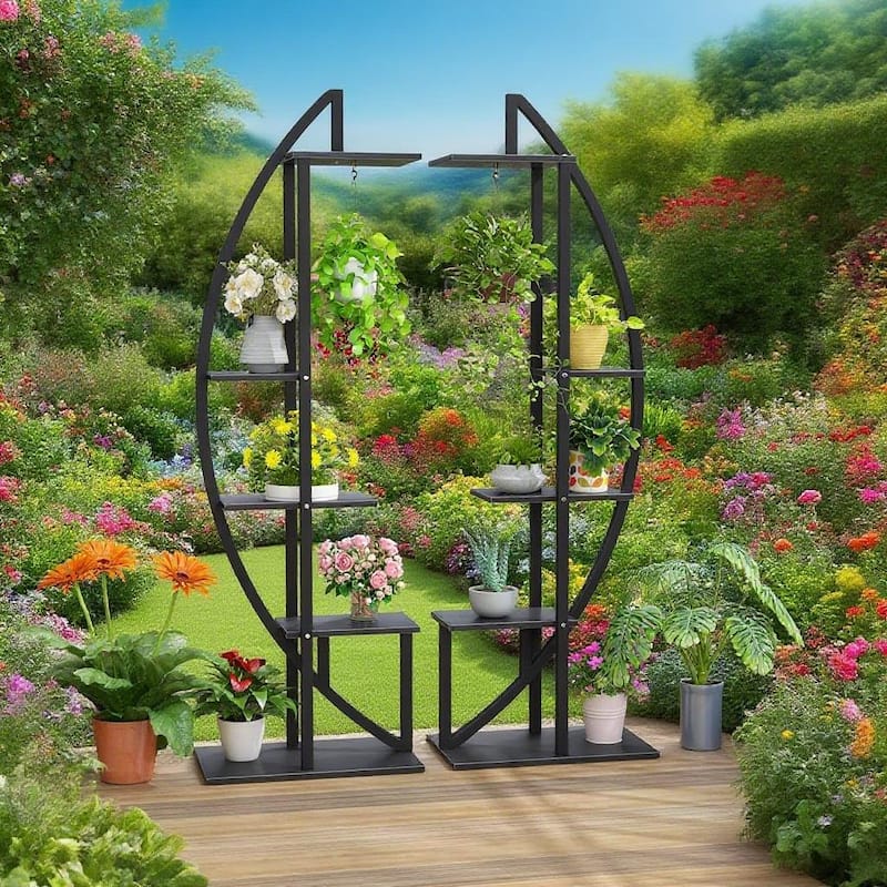 Black-Brown Wood Metal 10-Tier Curved Plant Display Shelf Stand - 19.7" x 11.8" x 63" - Black