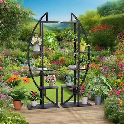 Black-Brown Wood Metal 10-Tier Curved Plant Display Shelf Stand - 19.7" x 11.8" x 63"
