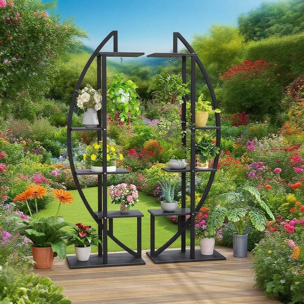 Black-Brown Wood Metal 10-Tier Curved Plant Display Shelf Stand - 19.7" x 11.8" x 63"