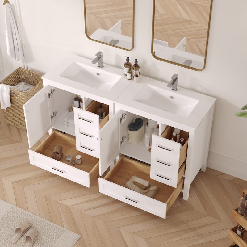EROMMY All-in-One Bathroom Vanity with Ceramic Sink, Soft-Close Storage Cabinet & Drawer, Glossy Countertop, White