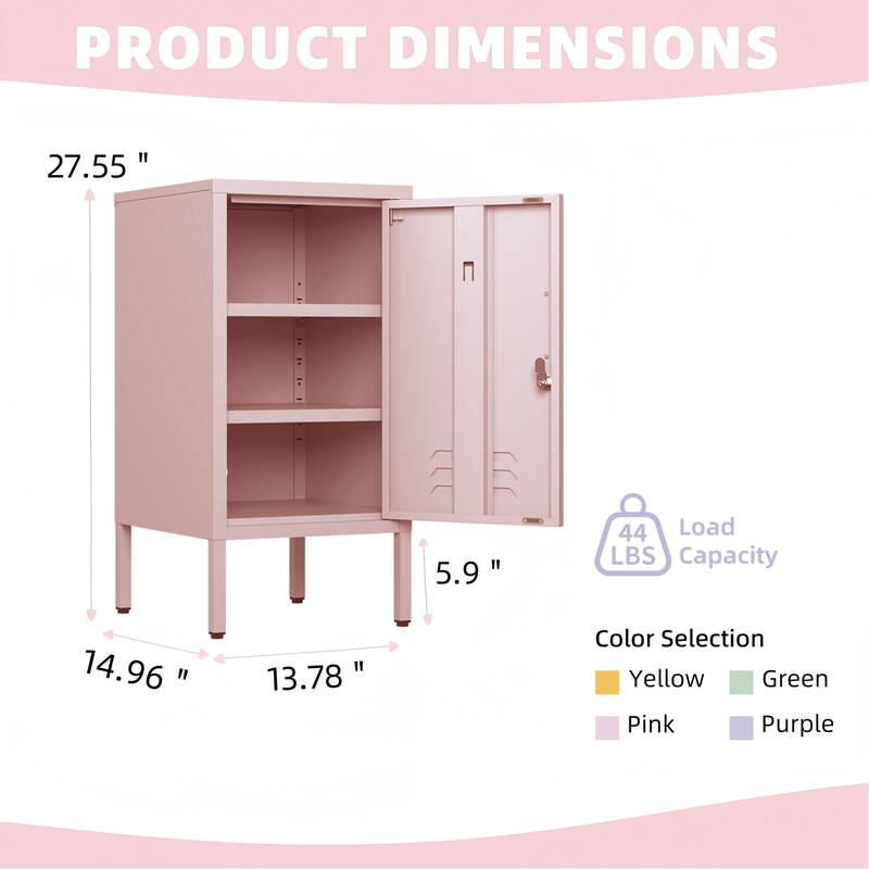 Single Door Lockable Metal End Table,Modern Minimalist Room Side Table with 2 Adjustable Shelf,Multi Storage Cabinet - pink