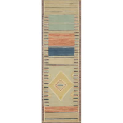 Hand Woven Oriental 100% Wool Carpet Southwestern Tribal Multi-Colored Kilim Runner Rug - 9' 10'' X 2' 6''
