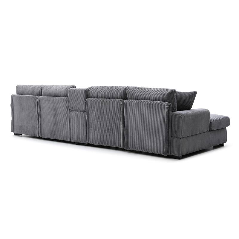 Comfy Corduroy Cloud U-shaped Sectional Sofa with Double Chiase Lounge, Built-in Storage Console and Cup Holders for Living Room