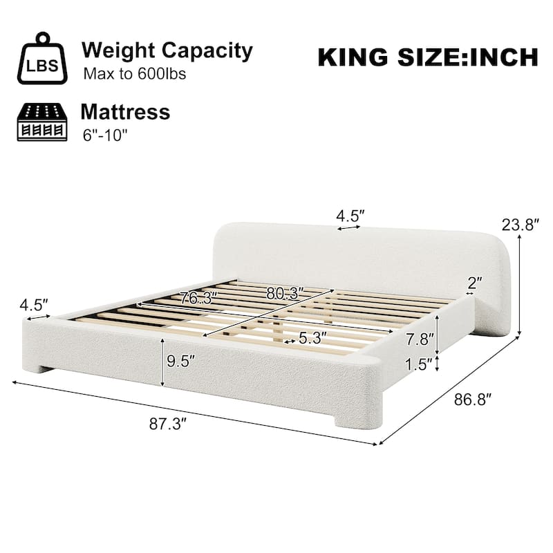 Christopher Knight Home - Cozy White Bouclé Upholstered Platform Bed with Plush Foam Padding, No Box Spring Needed
