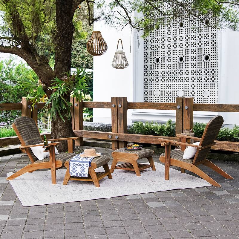 Cambridge Casual Auburn Set of 4 Upholstered Teak Outdoor Adirondack Chair Set - Natural Teak/Gray Wicker
