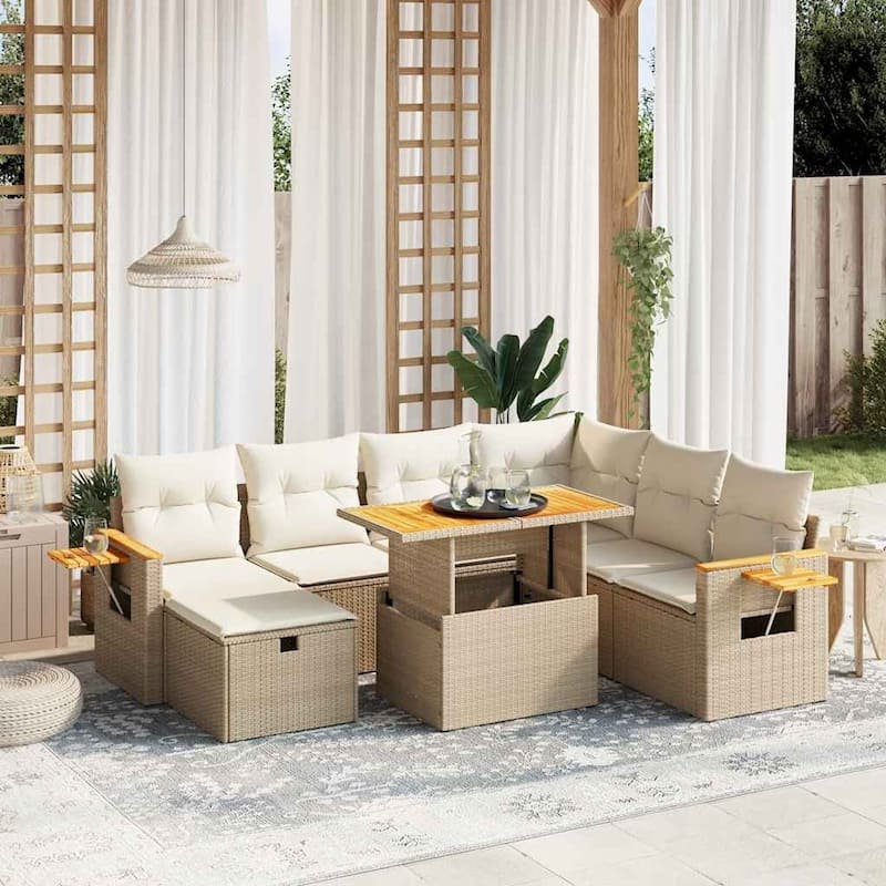 vidaXL Patio Sofa Set with Cushions Outdoor Furniture 8 Piece Poly Rattan - 21.7 x 39.4 x 28.7 - Beige and Cream
