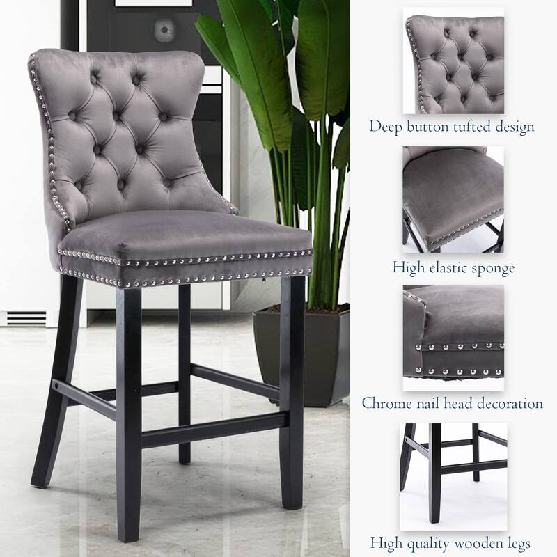 Contemporary Tufted Velvet Upholstered Counter Bar Stools Set of 2