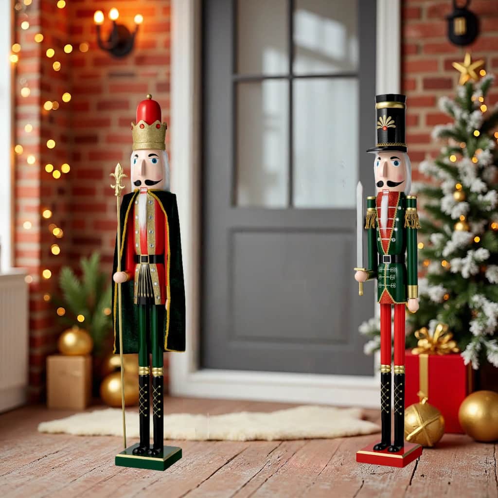 Glitzhome 42"H Set of 2 Wooden Christmas King and Soldier Nutcrackers Xmas Porch Decor