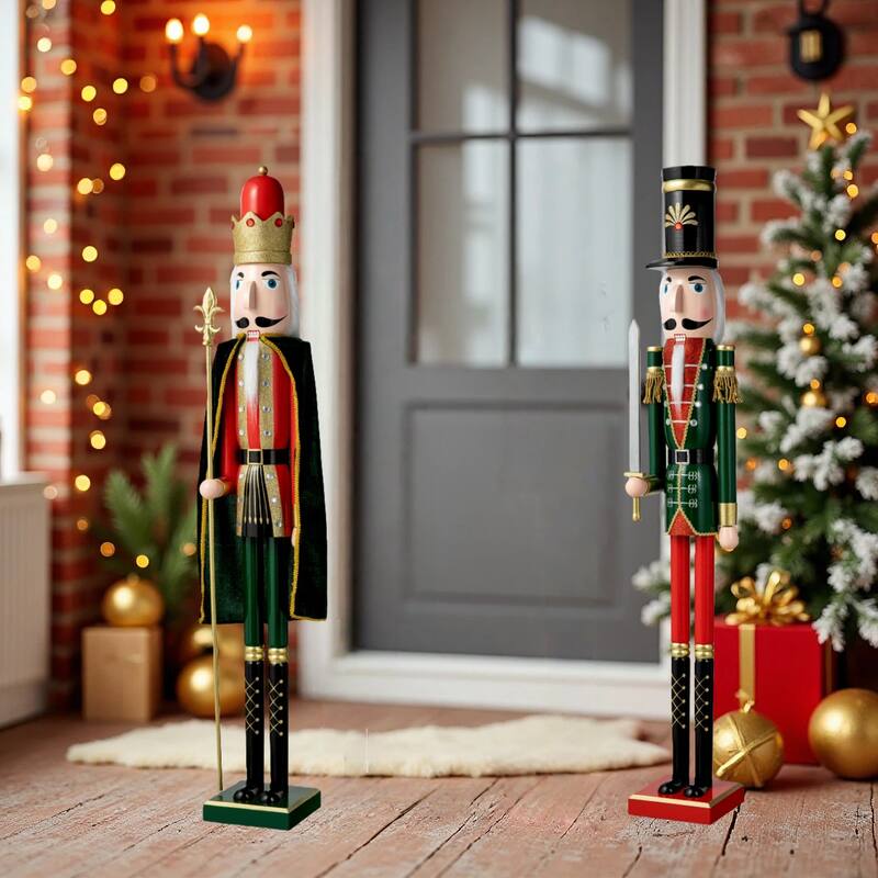 Glitzhome 42"H Set of 2 Wooden Christmas King and Soldier Nutcrackers Xmas Porch Decor