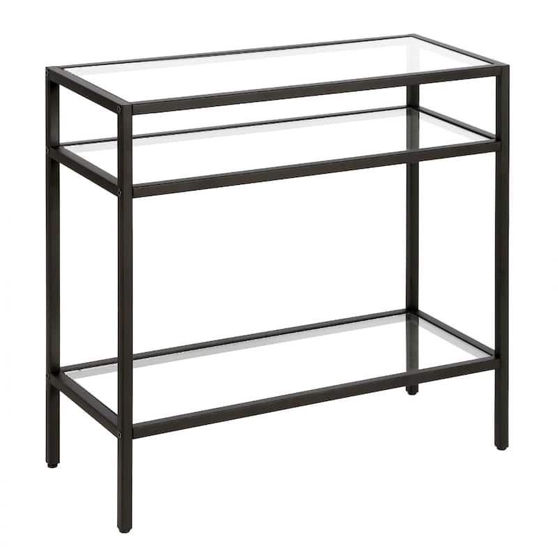 Steel Frame Glass Side End Table with 2 Shelves and Rectangular Top - 10” x 24” x 24” (D x W x H) - Black-Clear