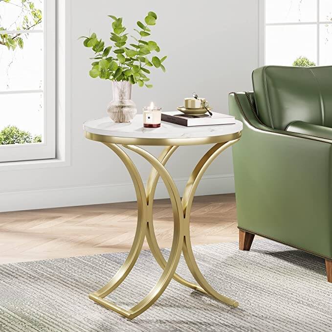 Modern Round End Side Accent Table for Entryway Living Room - 4C-shaped-legs - White/Glod
