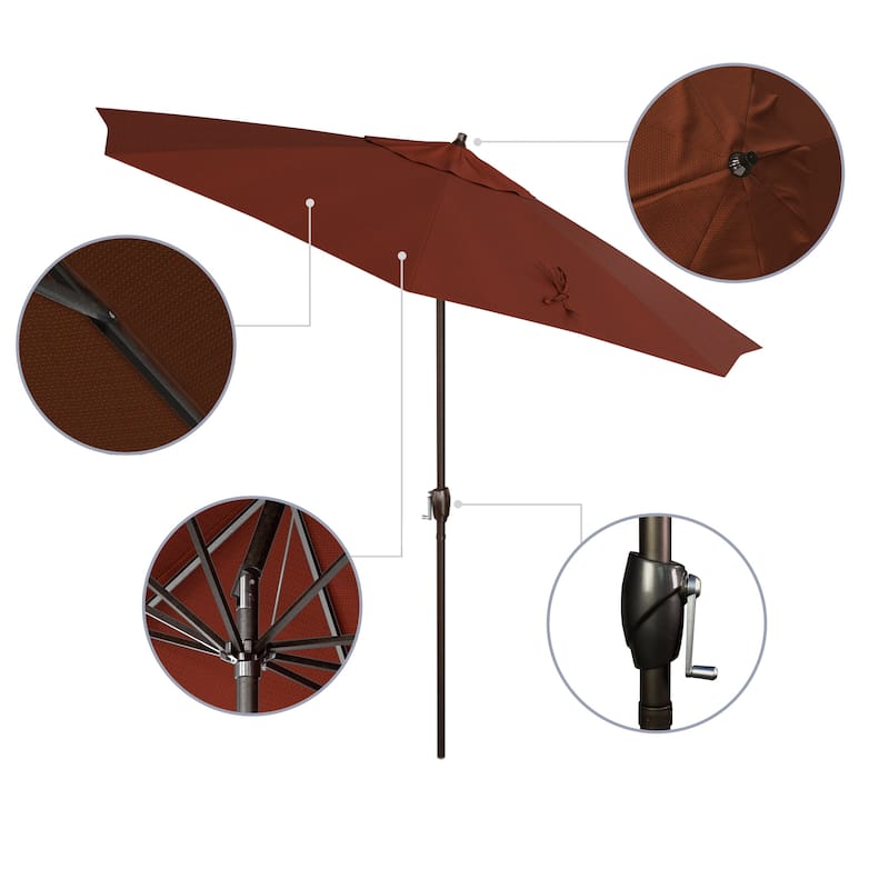 California Umbrella 9' Round Crank Lift Auto Tilt 8 Rib Aluminum Patio Umbrella, Bronze Finish Olefin